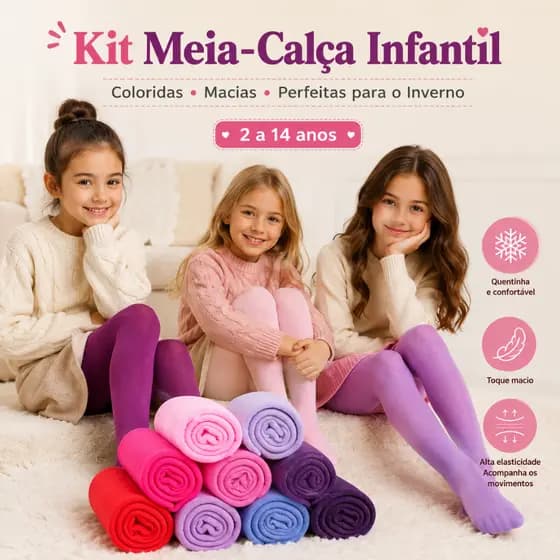 Kit 2 Meias Calças Infantis Coloridas Grossas para Inverno Menina 2 a 14 Anos