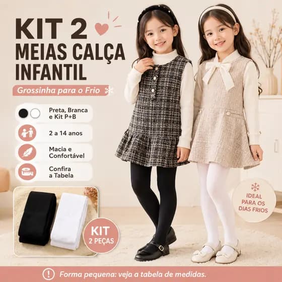 Kit 2 Meias Calça Infantil Grossinha Frio Inverno Menina Preta Branca 2 a 14 Anos