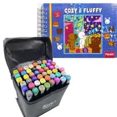 Livro de Colorir Capa Dura Azul + 48 Cores Canetinhas Touch Duas Pontas - Cozy e Fluffy
