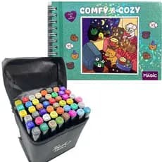 Livro de Colorir Comfy e Cozy + Canetinhas 48 Cores Touch Duas Pontas Estojo