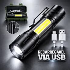 Mini Lanterna Tática 9cm LED Luz Recarregável USB Com Zoom Foco Clip Lampião Camping Sobrevivência