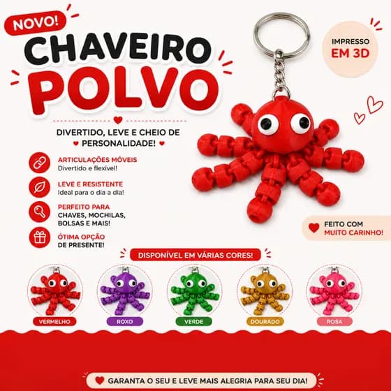 Chaveiro Polvo Articulado 3D – Divertido, Flexível e Cheio de Personalidade!