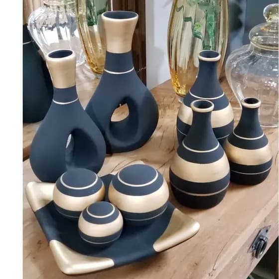 Conjunto Kit 9 Peças Jogo cerâmica Trio Vasos decorados Ceramica Enfeite Decorativo Centro Mesa Sala