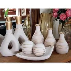 Conjunto 9 Peç Jogo cerâmica Kit Trio Vaso decorado Enfeite Decorativo Centro Mesa Sala enfeite rack