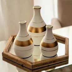 KIT 4 PEÇAS BANDEJA ESPELHADA MADEIRA + TRIO VASO CERAMICA Enfeite Decorativo Centro Mesa Rack Promo