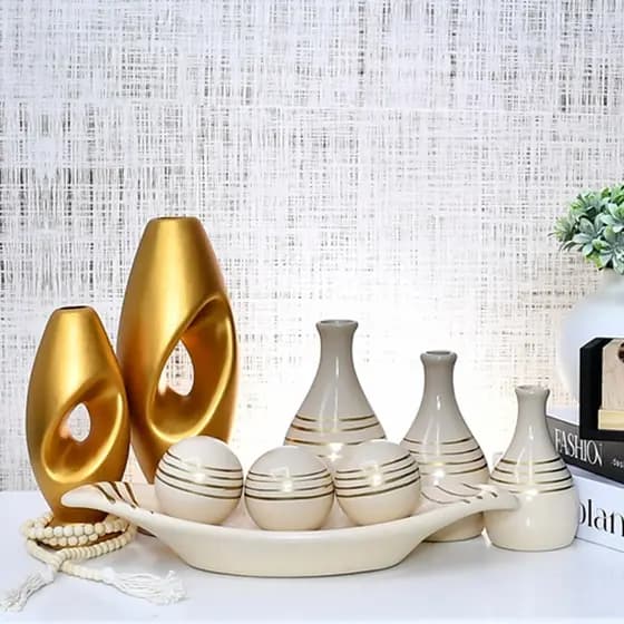 Kit Enfeites 9 Peças Vasos Cerâmica Sala Conjunto Elegante Decorativas Trio Rack Centro Mesa Cozinha