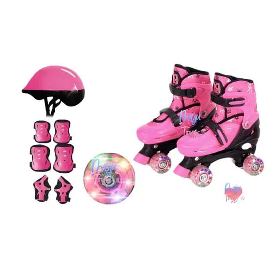 Patins Quad 4 Rodas Infantil Feminino Luz LED Ajustável - Tam P (30 ao 33) + Kit Proteção Completo