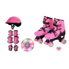 Patins Quad 4 Rodas Infantil Feminino Luz LED Ajustável - Tam P (30 ao 33) + Kit Proteção Completo