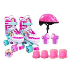Kit completo Patins Roller Quad Tamanho P 30 ao 33 + Kit Proteção 7 Peças Star Pink