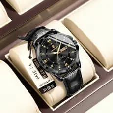 Relógio De Quartzo Masculino Clássico , Pulseira De Couro Genuíno , Mãos Luminosas , Resistência À Água E Calendário Per