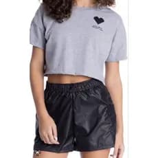 Conjunto Linha Premium Cropped Mescla com Coração em Lantejola Preto e Shorts Preto Corta Vento