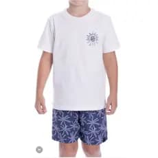 Conjunto Masculino Camiseta 100% Algodão com Bermuda em Tactel Azul com estampa rotativas de Coqueiros Linha Premium