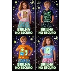 Conjuntos Pijamas Verão Brilha no Escuro, Menino e Menina com Estampa de Capivara, Espaço, Vídeo Game, Ovelha, Monstros