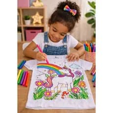 Camiseta Infantil para Colorir com Canetinhas, Menino e Menina, Lavável, estampas Dinossauro, Carro, Princesa, Unicórnio