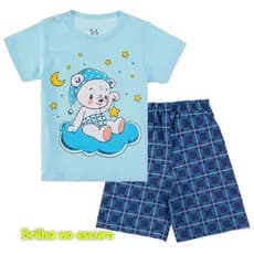 Conjunto Pijama GLOW Brilha no Escuro Infantil Masculino  Tam. 1/2/3 Estampas Ursinho, Jacaré e Cachorro