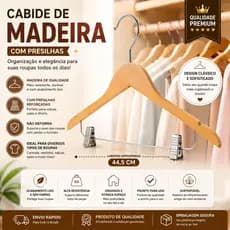 Cabide Madeira Com Presilhas Verniz Acabamento Sofisticado Duravel Organizador Roupa