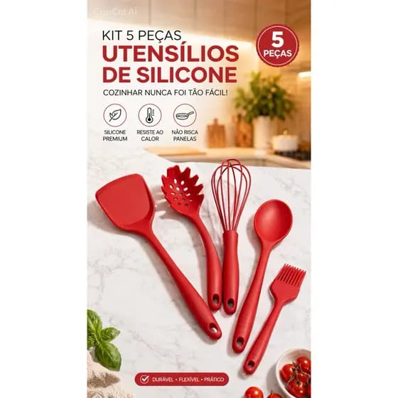 🍳 Kit Utensílios Silicone 5 Peças Cozinha Antiaderente Resistente ao Calor Não Risca Panelas Fácil Limpeza