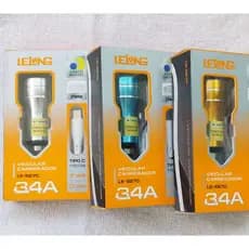 Carregador veicular Turbo + Cabo de celular Incluso Lelong LE-527C Turbo 3.4A 2 USB Com Cabo Tipo C  Homologado Anatel