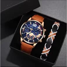 Relógio Masculino Deyros Premium Quartz + Pulseira Masculina Couro Estilo Luxo Esportivo Prova d'Água Casual Elegante