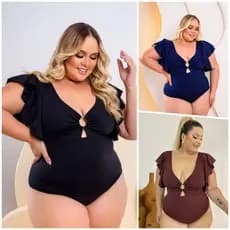 Body Maiô Plus Size Feminino Babado nos Ombros e Argola Decote Moda Praia Veste Tamanhos 44 ao 50