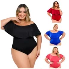 Body Maiô  Plus Size Feminino Ciganinha Ombro a Ombro Babado Preto Moda Praia Verão 44 ao 50