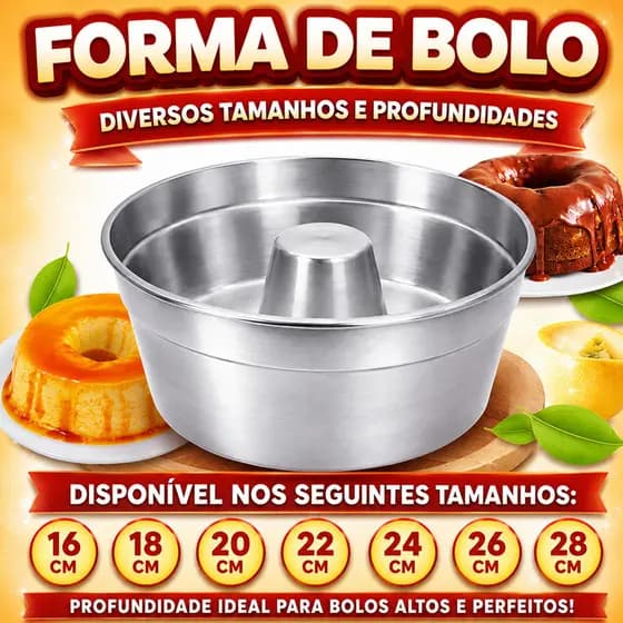 Forma Para Bolo Caseiro Vulcão E Pudim C/ Furo No Meio Alumínio Reforçado Vários Tamanhos Do 16 Ao 28 Assadeira Redonda