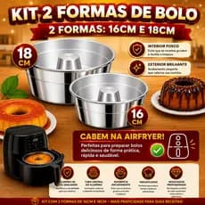Kit 2 Formas Para Airfryer Bolo E Pudim Com Furo Alumínio Jogo Tamanhos 16 E 18 cm Combo Cabe Na Air Fryer Confeitaria