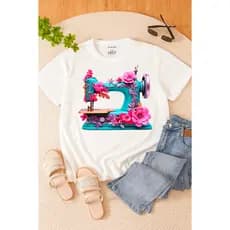 Camiseta 100% Algodão Estampa Máquina de Costura Blusa Feminina Costureira
