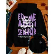 Moletom Canguru Preto Estampa Cristã Eis Me Aqui Senhor Blusa De Frio Streetwear Casaco Basico