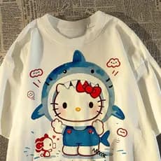 PROMOÇÃO Camiseta Hello Kitty Tubarão Fofo Camisa 100% Algodão Unissex