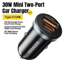 Carregador Veicular Turbo 30W Fonte Veicular USB-A e USB-C Turbo Essager