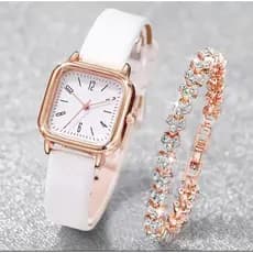 Relógio feminino quadrado da moda, estilo casual, com pulseira de couro, movimento quartzo e conjunto pulseira de strass