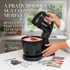 Batedeira Elétrica 127V ou 220V Potente Balde 2 Litros Preto Uso Domestico Cozinha 7 velocidades Batedor e Gancho