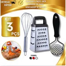 Cozinha 3 Peças Batedor de Ovos Fouet + Ralador Inox + Amassador de BatataMultiuso Utensílios Práticos e Resistentes