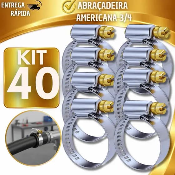 Kit 10/20/30/40 Abraçadeira Americana 3/4 Inox Regulável para Mangueira Alta Pressão Resistente