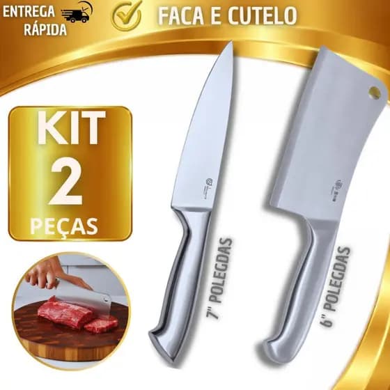 Combo Faca + Cutelo Profissional Aço Inox – Facas de Cozinha para Churrasco Açougue Carne e Corte Pesado