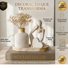 Kit Decoração Dourada Minimalista Luxo com Vaso e Bandeja para Mesa de Centro, Escritório e Aparador