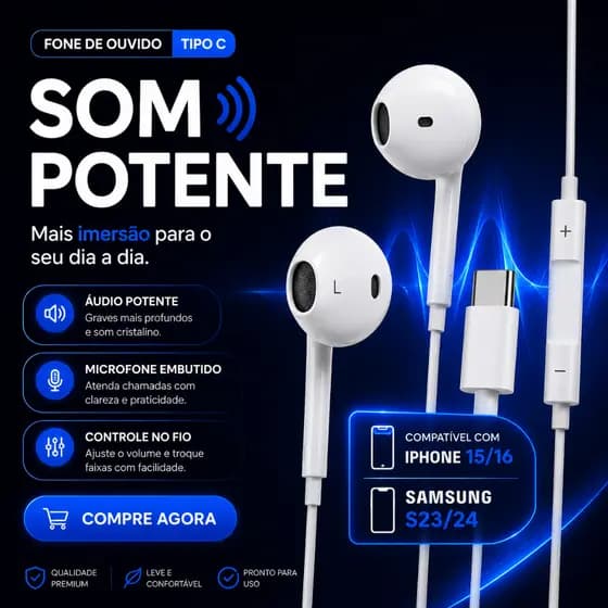 Fone de Ouvido Tipo C USB-C com Microfone Compatível iPhone 15 16