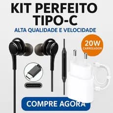 Carregador Tomada Fonte 20w Turbo Type C + Fone de Ouvido Tipo C Compatível Samsung S23 S24