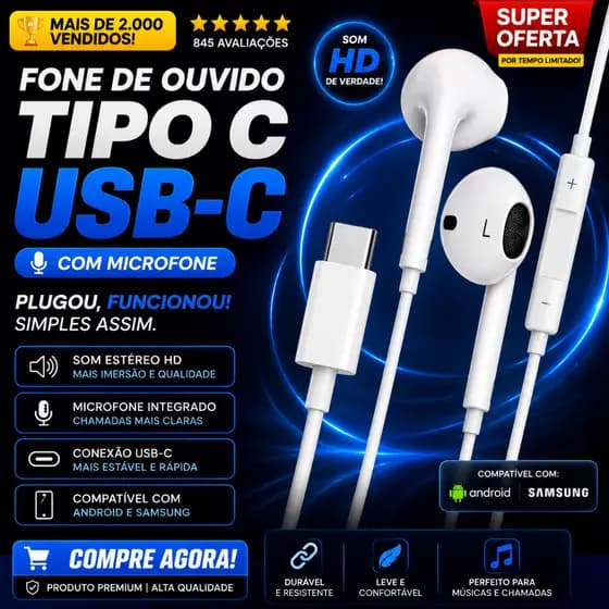 Fone de Ouvido Tipo C USB-C com Microfone Som Estéreo HD Compatível Com Android Samsung