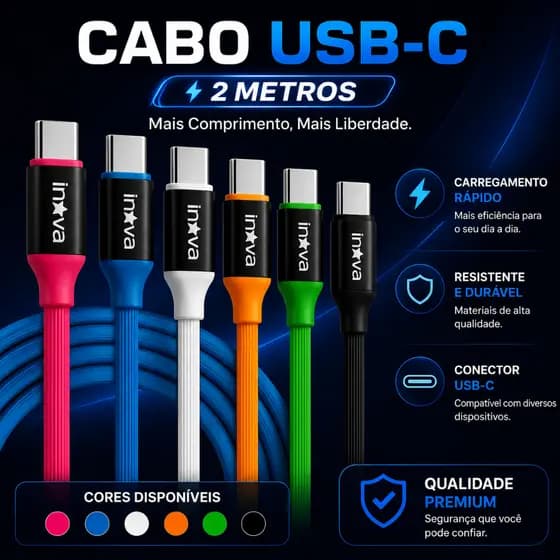 Cabo USB C Inova 2 Metros Reforçado Silicone Carregamento Rápido Anti Quebra Original - Tipo C