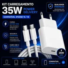 Carregador Turbo USB-C 35W + Cabo Tipo C – Ideal para iPhone 15, 15 Pro, 15 Plus, 15 Pro Max e Mais
