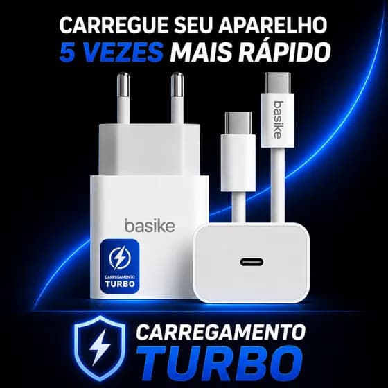 Carregador Turbo Original Basike 30W Tipo-C + Cabo USB-C Compatível iPhone 15 Samsung Xiaomi