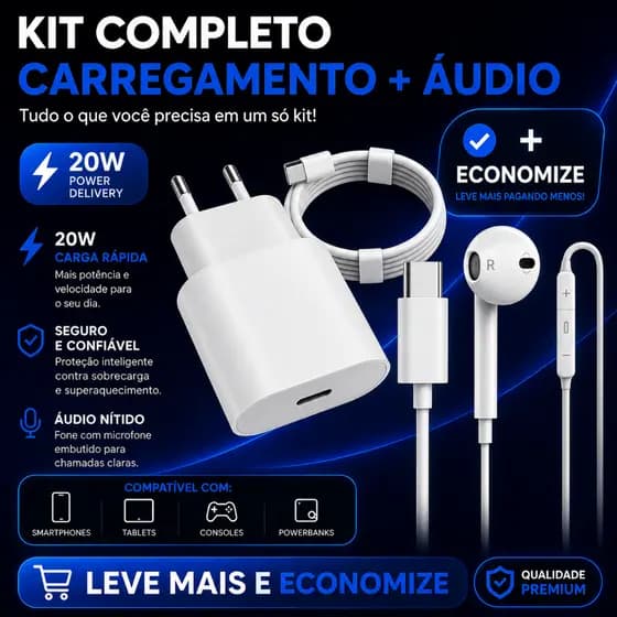 Kit Carregador 20W Tipo C + Fone Com Microfone Tipo C Som Potente