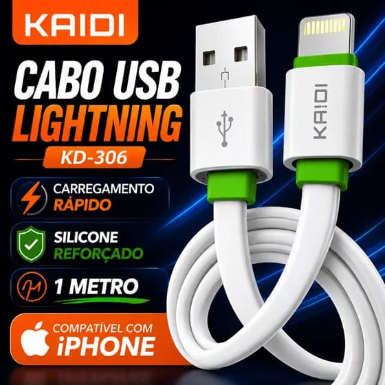 Cabo Lightning Kaidi KD-306 Silicone Reforçado 1m Carregamento Rápido