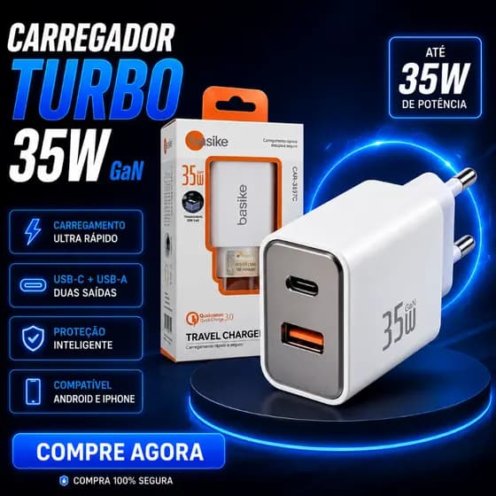 Carregador Turbo 35W GaN Basike Original USB-C PD Compatível iPhone 15/16 Android