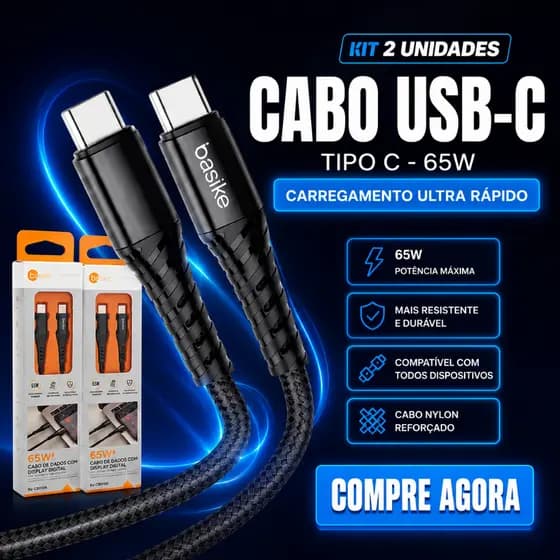 Kit 2 Cabo USB-C 65W Basike Turbo 1M Nylon Reforçado Compatível iPhone 15/16 Rápido