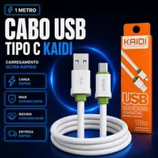 Cabo Tipo C Kaidi Silicone Rápido 3A 1M USB-C Reforçado Original Compatível Samsung/Xiaomi
