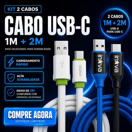Cabo USB-C Kit 2 Cabos 1M + 2M Carregamento Rápido Kaidi Inova Compatível Samsung