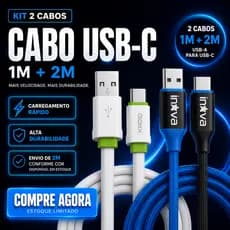 Cabo USB-C Kit 2 Cabos 1M + 2M Carregamento Rápido Kaidi Inova Compatível Samsung